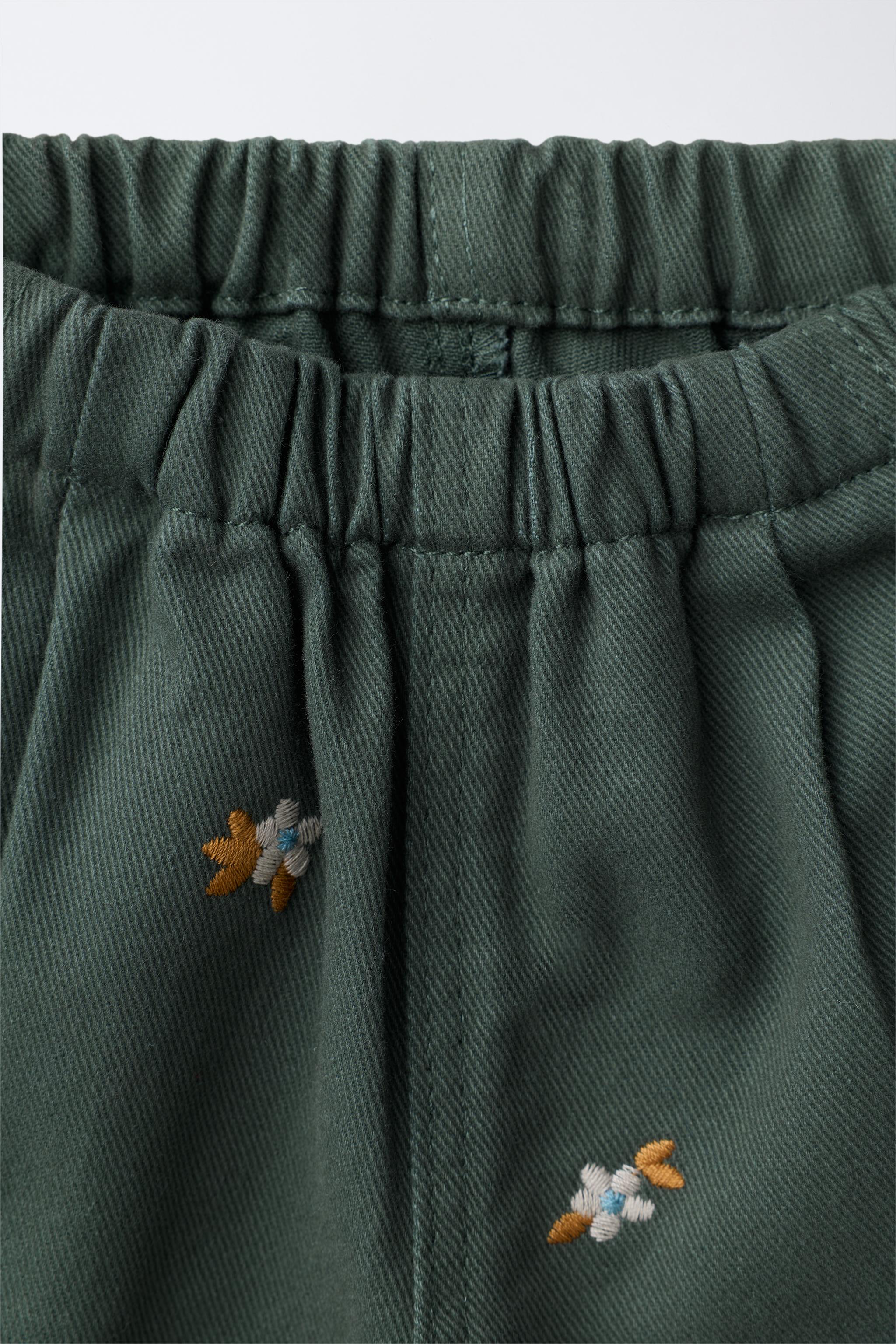 FLORAL EMBROIDERED TWILL PANTS
